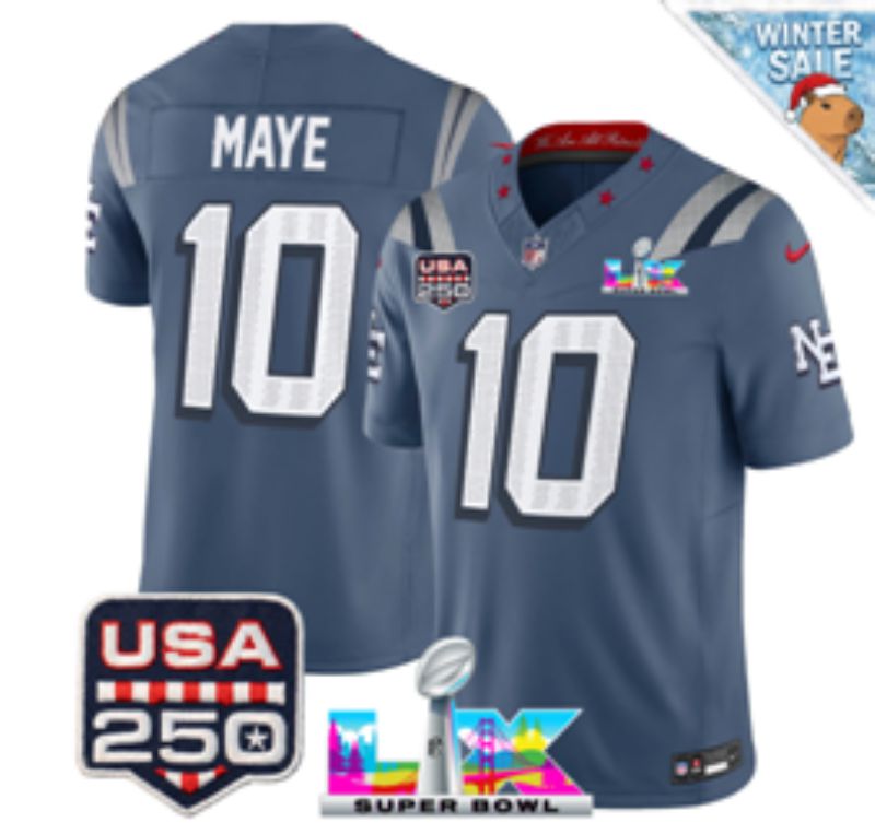 Men 2026 New England Patriots #10 Maye Blue Super Bowl Nike Limited NFL Jersey style 05